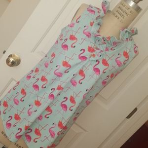 Aqua sleeveless top with flamingos